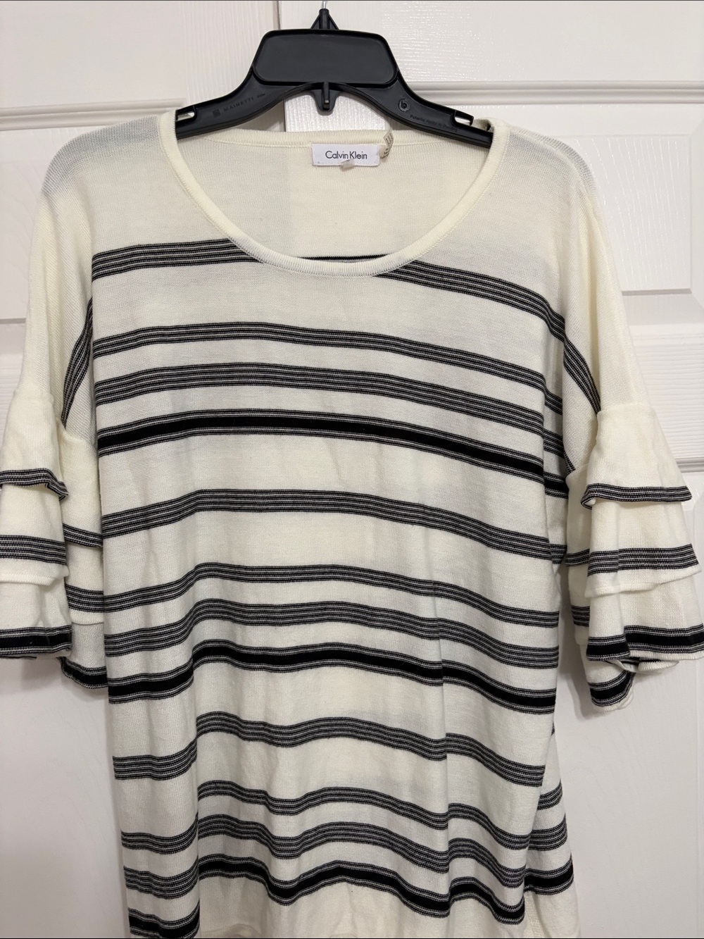 Calvin Klein Cream and Black Striped Ruffle-Sleeve Tee